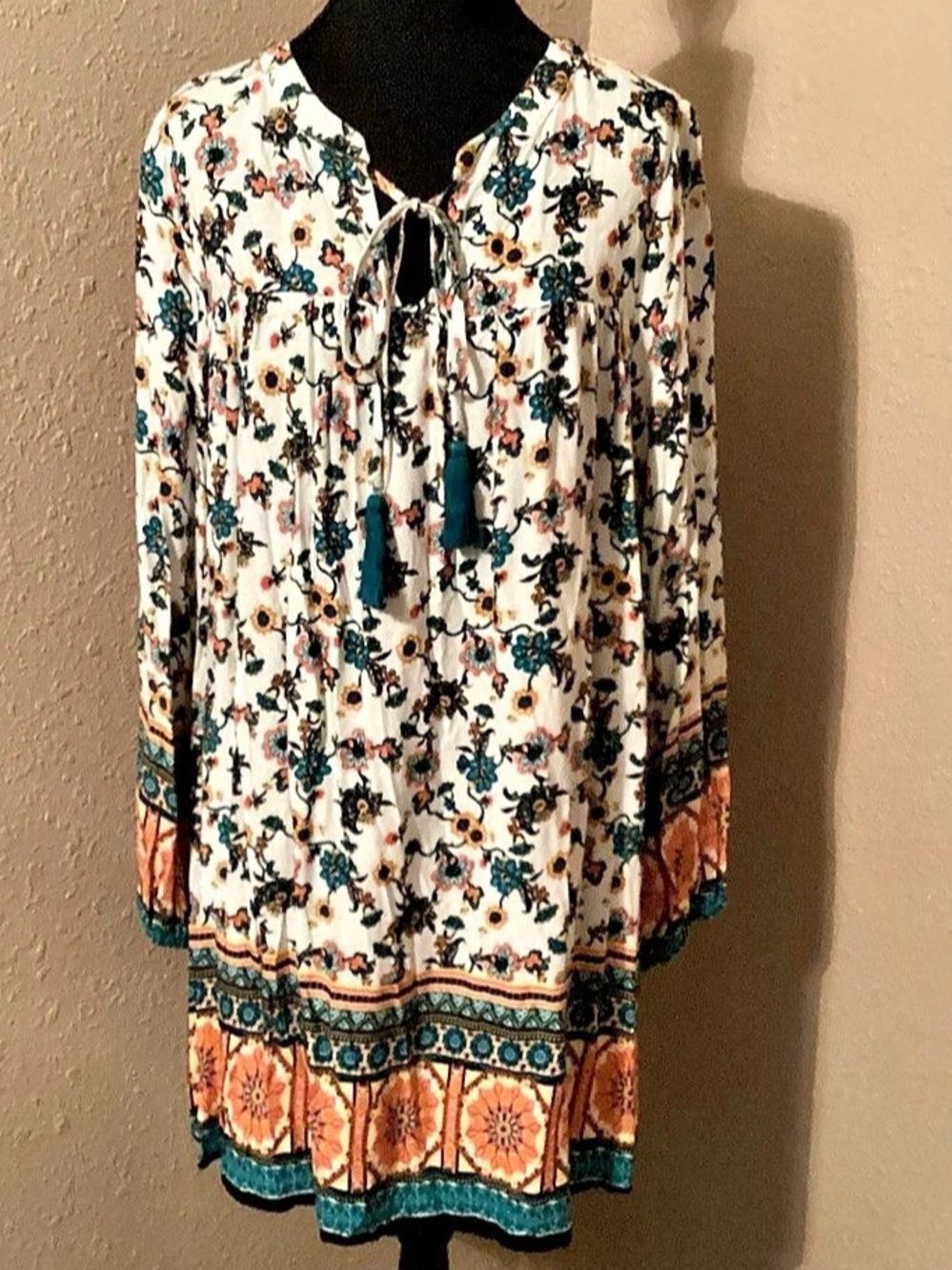 Tassels N Lace Floral Boho Tie Neck Tunic/Dress Size Medium